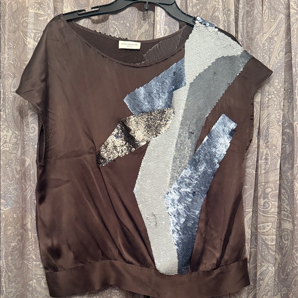 Dries Van Noten Brown Top with Blue and Silver Accents